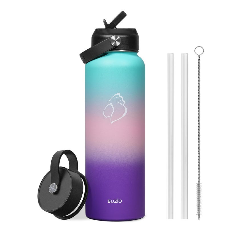 BUZIO 40oz Insulated Water Bottle  Stainless Steel Double Wall Water Flask (Cold for 48 Hrs) Leak Proof Sports Bottles Jug with Straw Lid and Flex Cap Metal Canteen for Gym Travel Camping  Hydrangea - Image 1